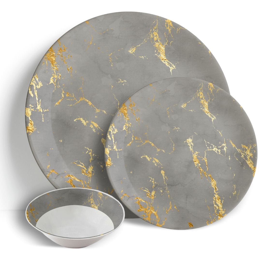 Grey & Gold Marble - 18pc Ceramic Dinner Set - Peacock Supplies