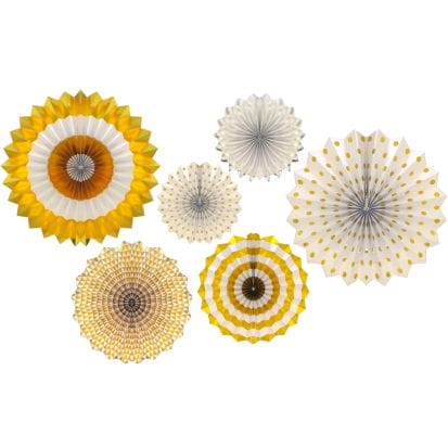 Hanging Paper Fans (6pk) - Gold & White - Peacock Supplies