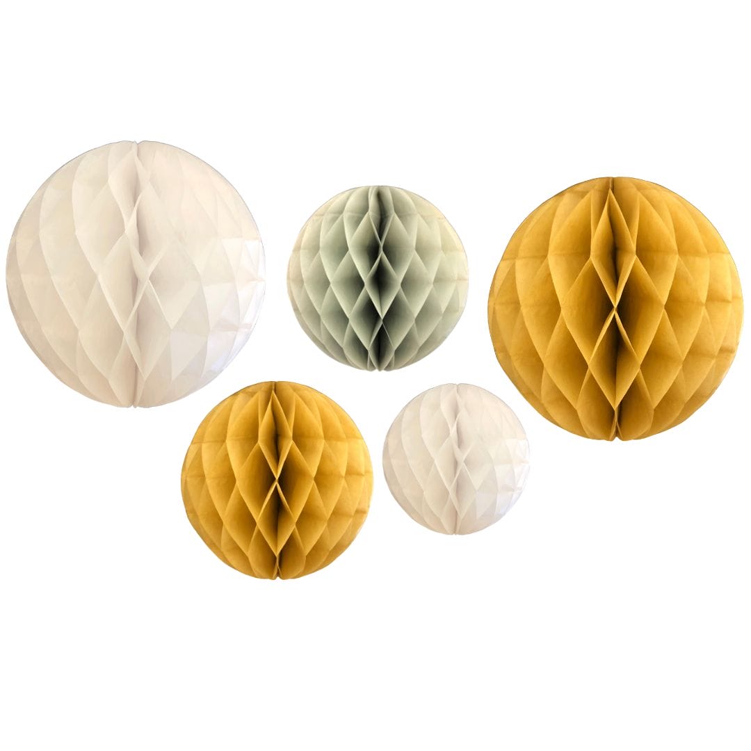 Honeycomb Ball Decorations (5pk) - Gold & White - Peacock Supplies