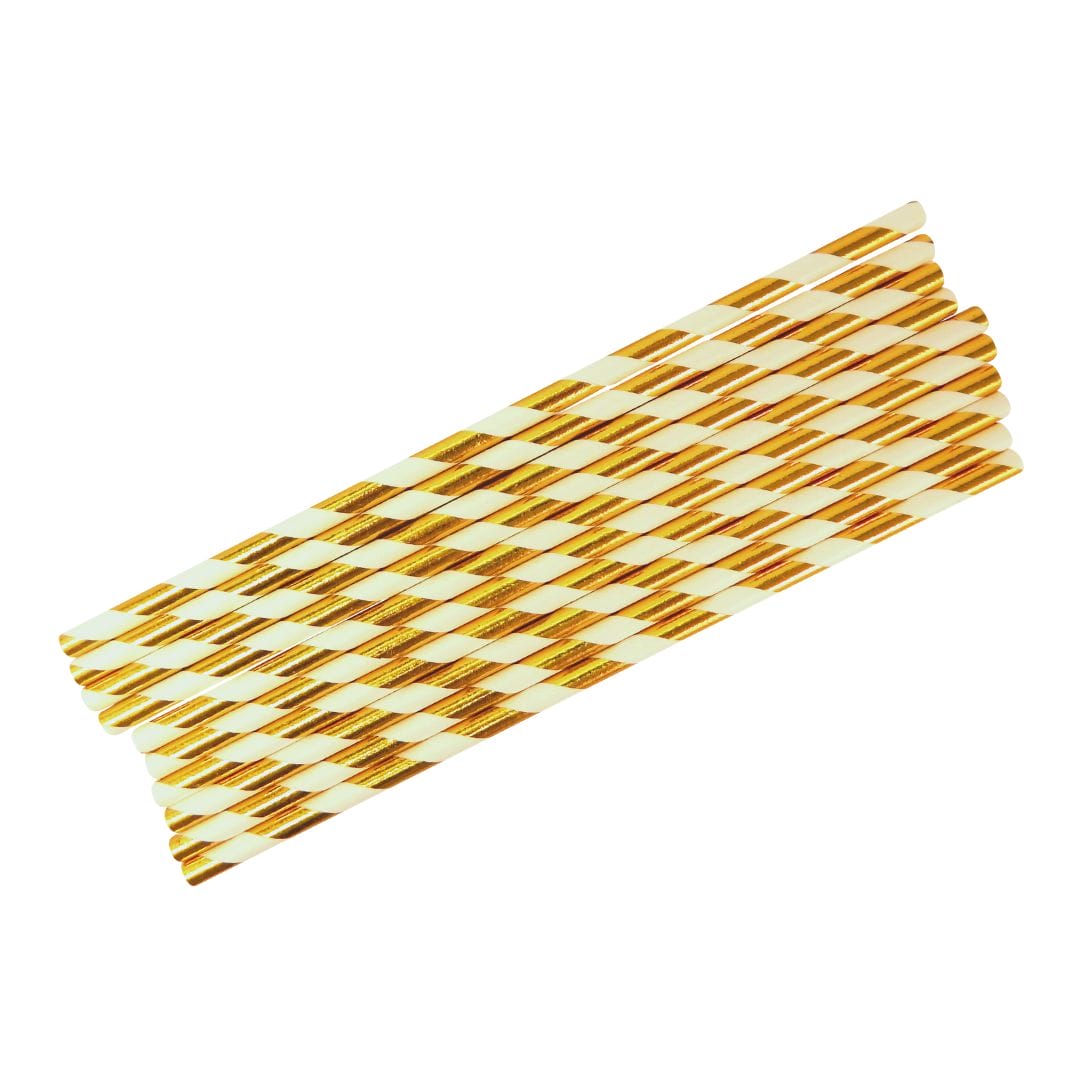 Party Straws (10pk) - White & Gold - Peacock Supplies