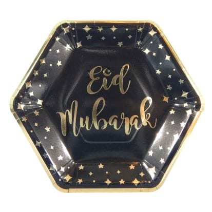 Eid Mubarak Party Plates (10 pk) - Black & Gold - Peacock Supplies
