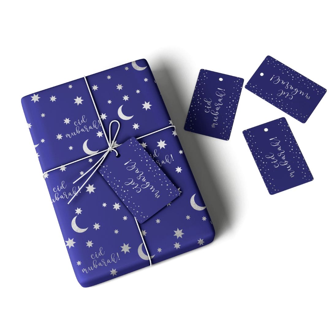 Eid Mubarak Gift Wrap & Tag - Blue & Silver - Peacock Supplies
