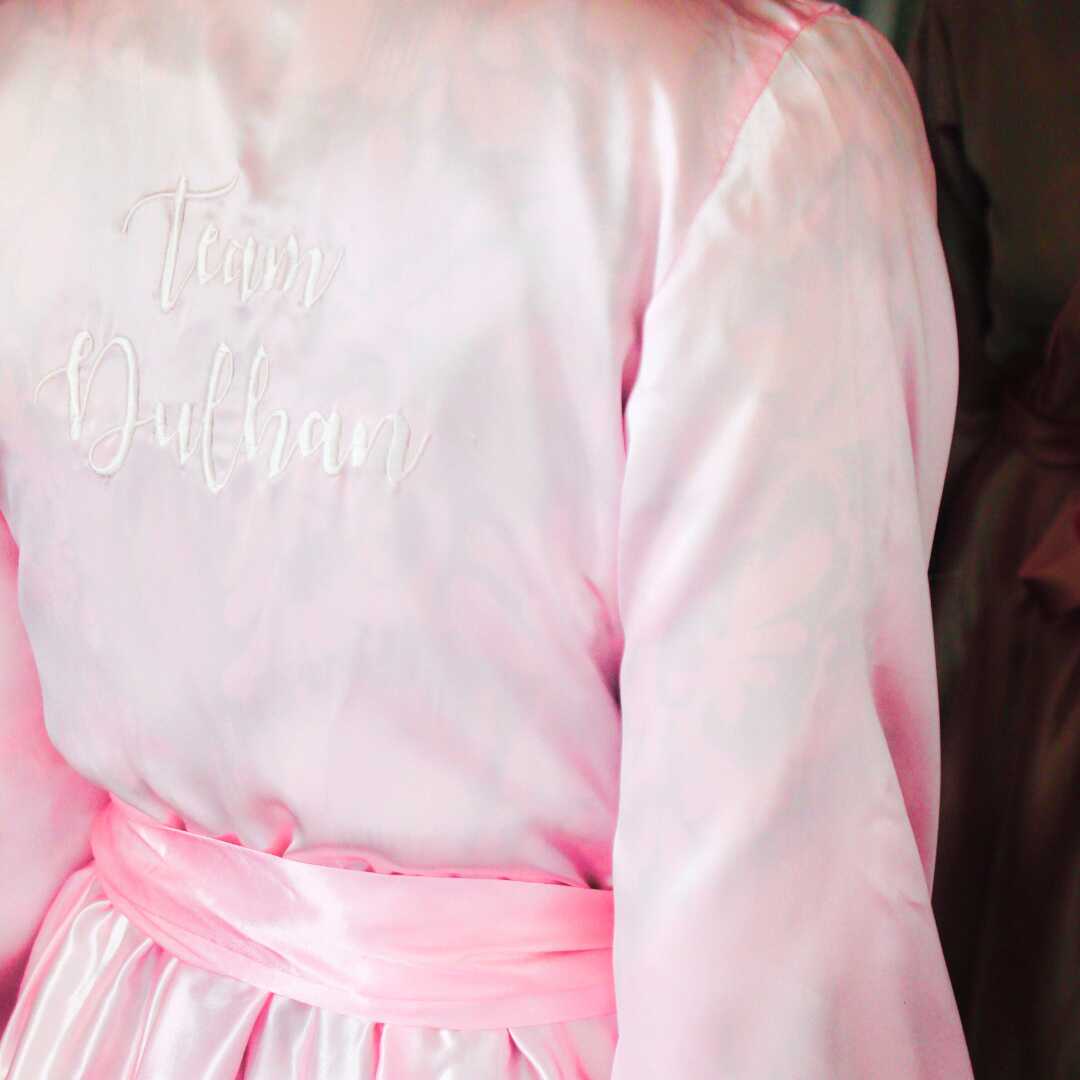 Team Dulhan Silk Robe (Full Length) – Pink & White