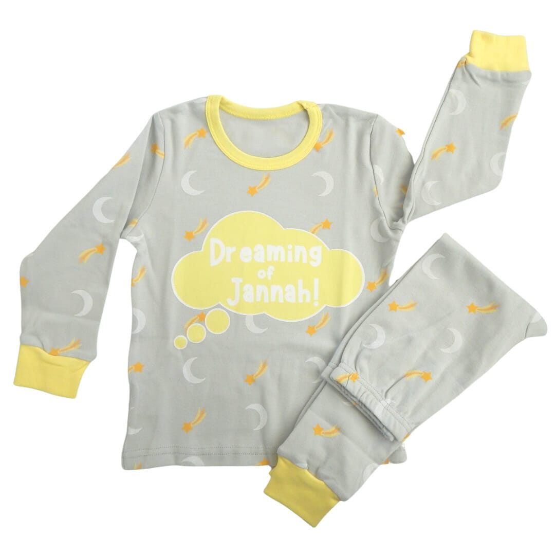 Dreaming of Jannah Kids Pyjamas – Grey & Yellow