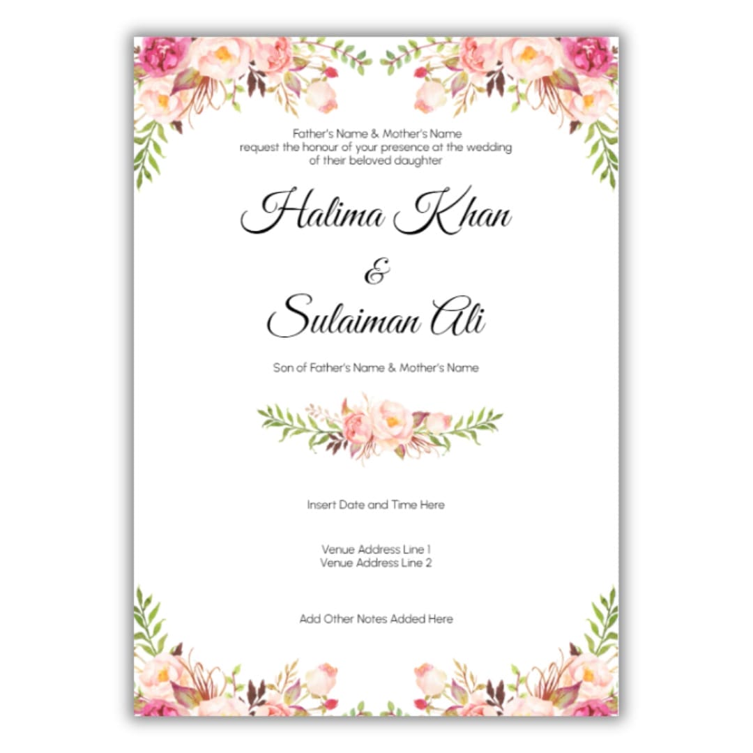 Personalised Muslim Wedding Invitations (20pk) - Floral