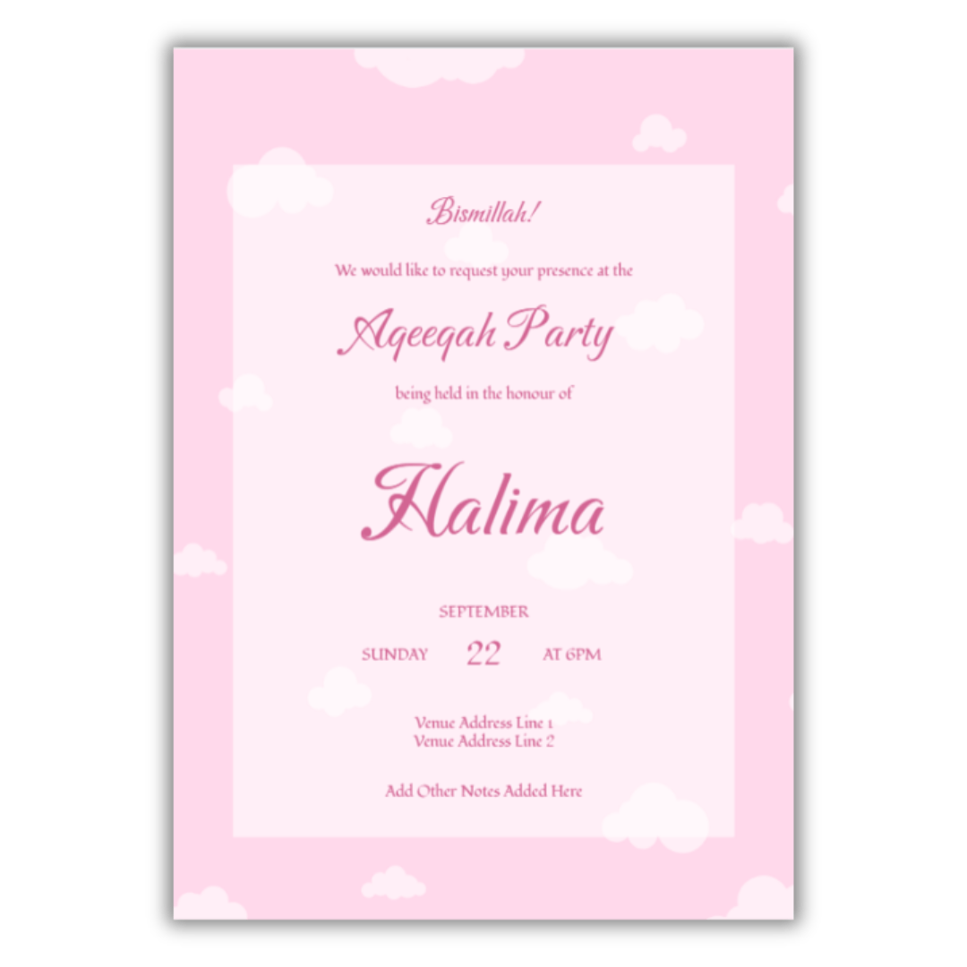 Personalised Aqeeqah Party Invitations (20pk) - Pink
