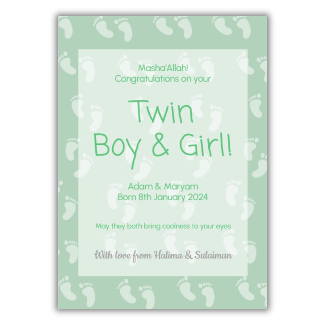 Personalised Muslim Baby Boy & Girl Twins Greeting Card