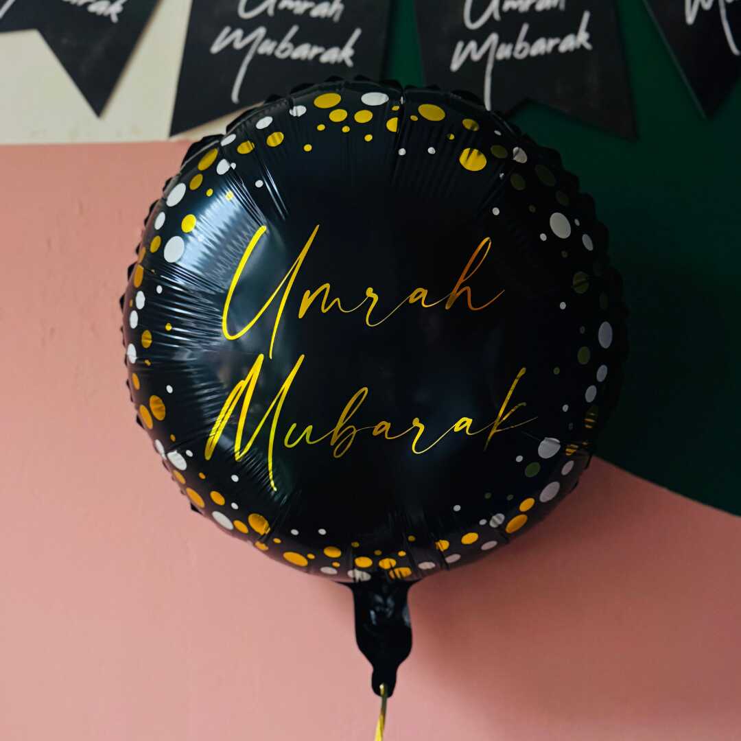 Umrah Mubarak Round Foil Balloon - Black & Gold